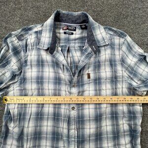 Chaps Stretch Plaid Short Sleeve Button Up Shirt Mens Large Blue‎ Cotton Rayon